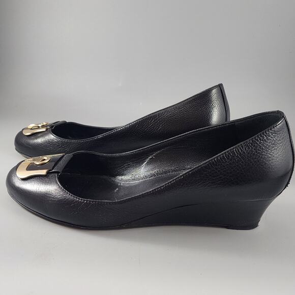 Fendi Black Leather Wedge Pumps Gold Logo Accent - IT Size 40 - US Size 10 - Picture 4 of 13
